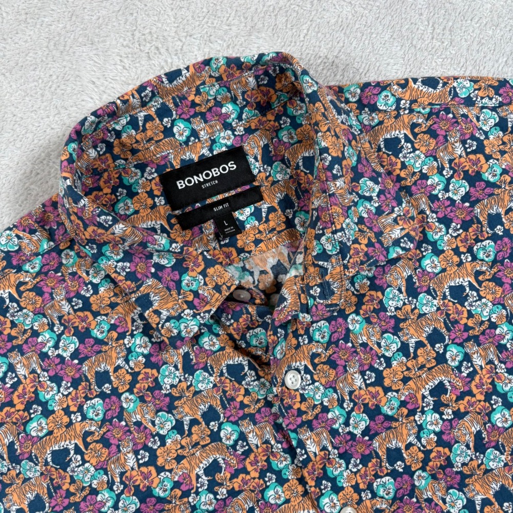 Bonobos Stretch Slim Fit Shirt Mens Large Tiger Floral Print Short Sleeve Navy